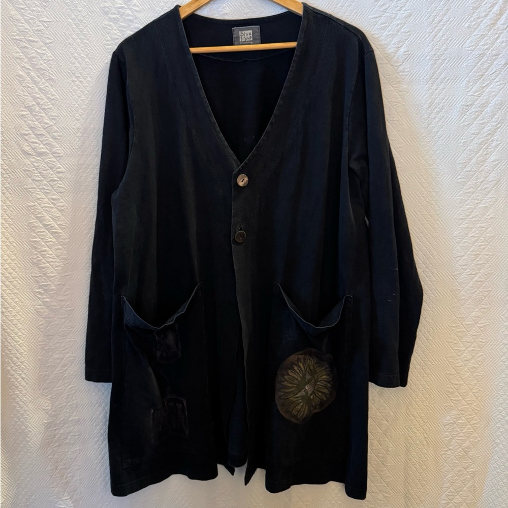 Blue Fish Painted Jacket 2 Gathered Tie Back Geometric Lagenlook size 1 Fits XL